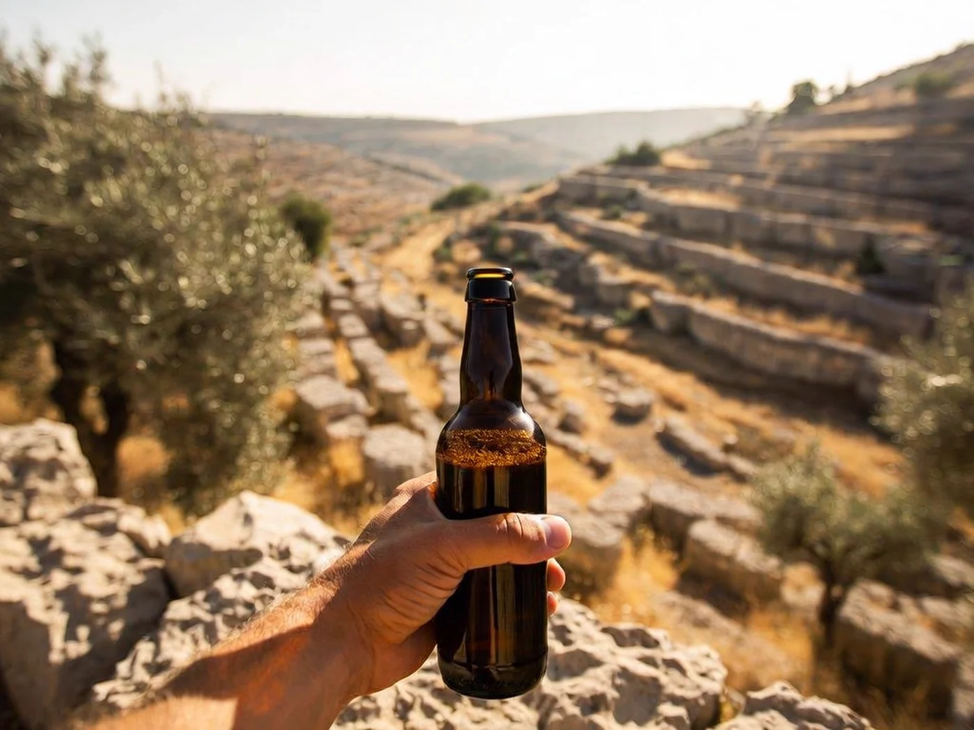 A bottle held up against the terraced hillside